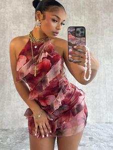 women's floral print tie backless halter neck dress, fashion casual sleeveless short dress for daily outdoor wear, capri sun dress, ladies dress for summer, womenswear