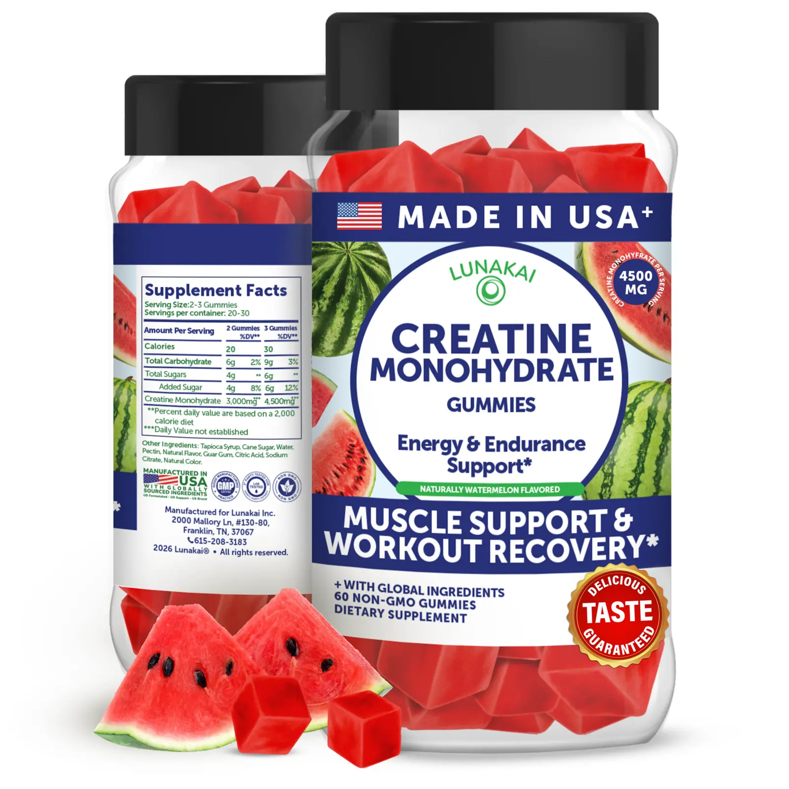 Lunakai USA Made Creatine Monohydrate Gummies for Women & Men – Vegan Creatine Gummies for Muscle & Recovery Support – Pre Workout Supplement, 60ct