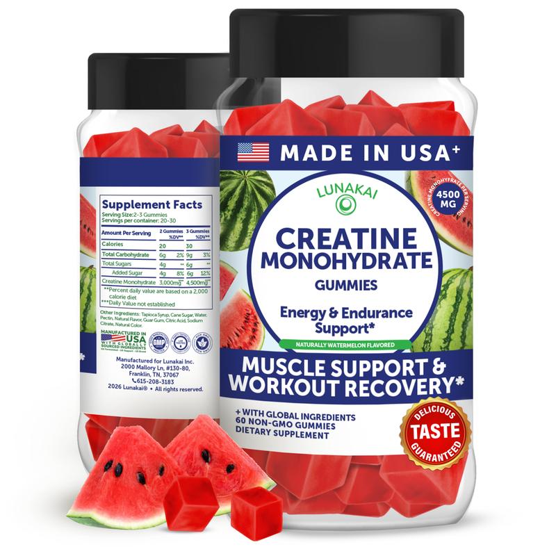 Lunakai USA Made Creatine Monohydrate Gummies for Women & Men – Vegan Creatine Gummies for Muscle & Recovery Support – Pre Workout Supplement, 60ct
