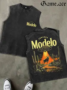 1 PCS Retro Washed Black Sleeveless Tank Top, Front Mini "Cerveza" Print + Back UFO & Western Bull Desert Graphic, Sci-Fi Western Streetwear Style, 100% Cotton Unisex Oversized Vest, Streetwear Meetups, Great Gift for Sci-Fi & Western Fans Womenswear