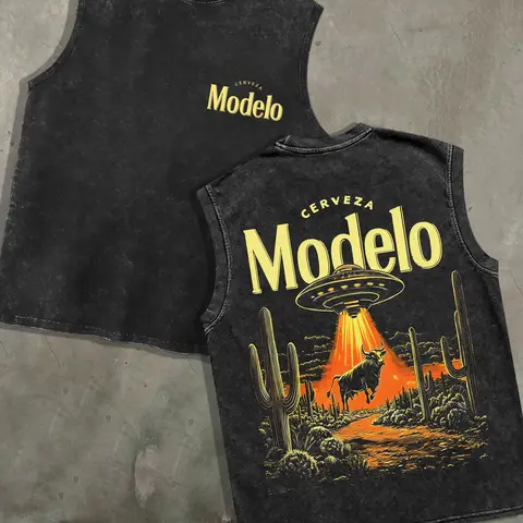 1 PCS Retro Washed Black Sleeveless Tank Top, Front Mini "Cerveza" Print + Back UFO & Western Bull Desert Graphic, Sci-Fi Western Streetwear Style, 100% Cotton Unisex Oversized Vest, Streetwear Meetups, Great Gift for Sci-Fi & Western Fans Womenswear