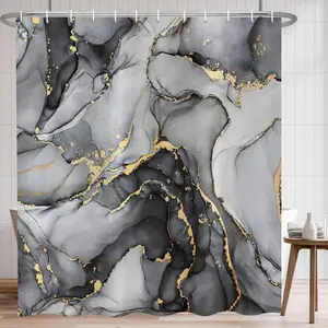 Black Marble Shower Curtain – Modern Abstract Luxury Bathroom Decor, Gold & Black Ombre Watercolor Design, Waterproof Polyester with Hooks, 72x72