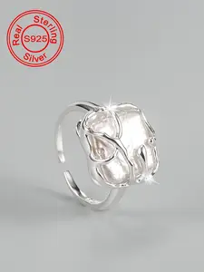 S925 Sterling Silver Fashion Vintage Square Shaped Baroque Pearls Ring, Elegant Everyday Ring, Elegant Jewelry for Women, Trendy All-match & Exquisite Jewelry for Birthday Gift, Vintage Rings Jewelry