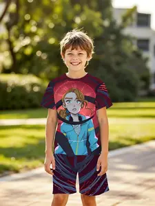 Boys' 3D Fashion Outdoor Sports Anime Style Time Girl Print Summer T-Shirt Shorts Set, Casual Loose-Fitting All over Print