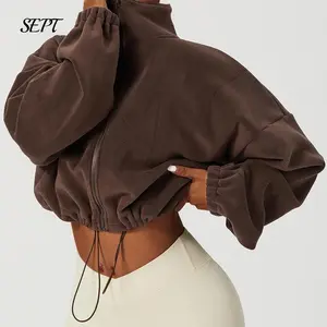 Women's full zipper fleece short jacket, long sleeved stand up collar Sherpa crop top coat, warm winter clothing