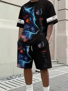 Men's 3D Digital Printed Two-Piece Set with Fiery Wolf Head Trendy Sports Print, 2Pcs, Fashionable Suit, Trendy Retro Casual Two-Piece Outfit, Resort-Style Trendy Wear, Breathable Sports & Casual Style, an Ideal Festival Gift for Men