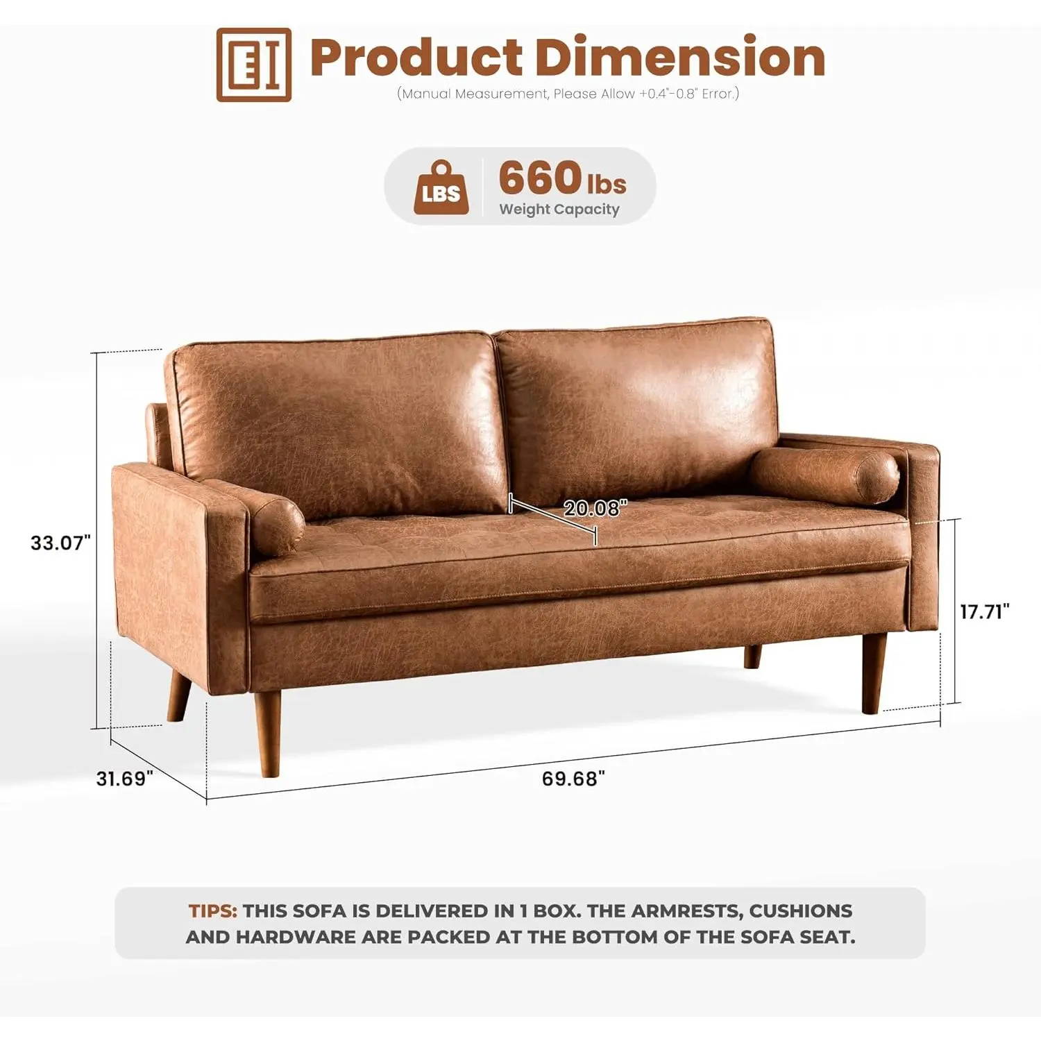 ovios 70" Loveseat Sofa Couch, 2-Seater Comfy Suede Faux Leather Sofas Couches, Mid-Century Modern Neutral Deep Seat Tufted Love Seat for Living Room, Brown