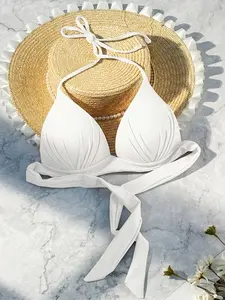 Women's Solid Color Bikini Top, Casual Tie Shoulder Swimwear Top for Beach Holiday Vacation, Ladies Swimsuit for All Seasons