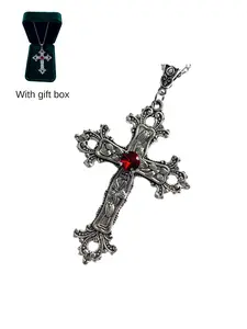 Gothic Floral Cross Necklace with Crystal, Vintage Silver Color Pendant, Unisex Jewelry for Men and Women，With gift box
