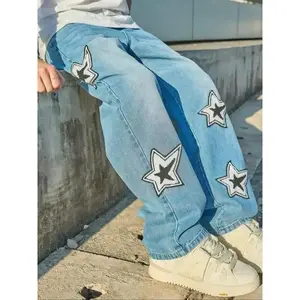 ELI Men's Star Print Straight Leg Jeans Casual Pants for Daily Wear Fashion Oversize Bottoms for All Seasons Baggy Jeans for Men Streetwear Cotton Oversized Mens Denim
