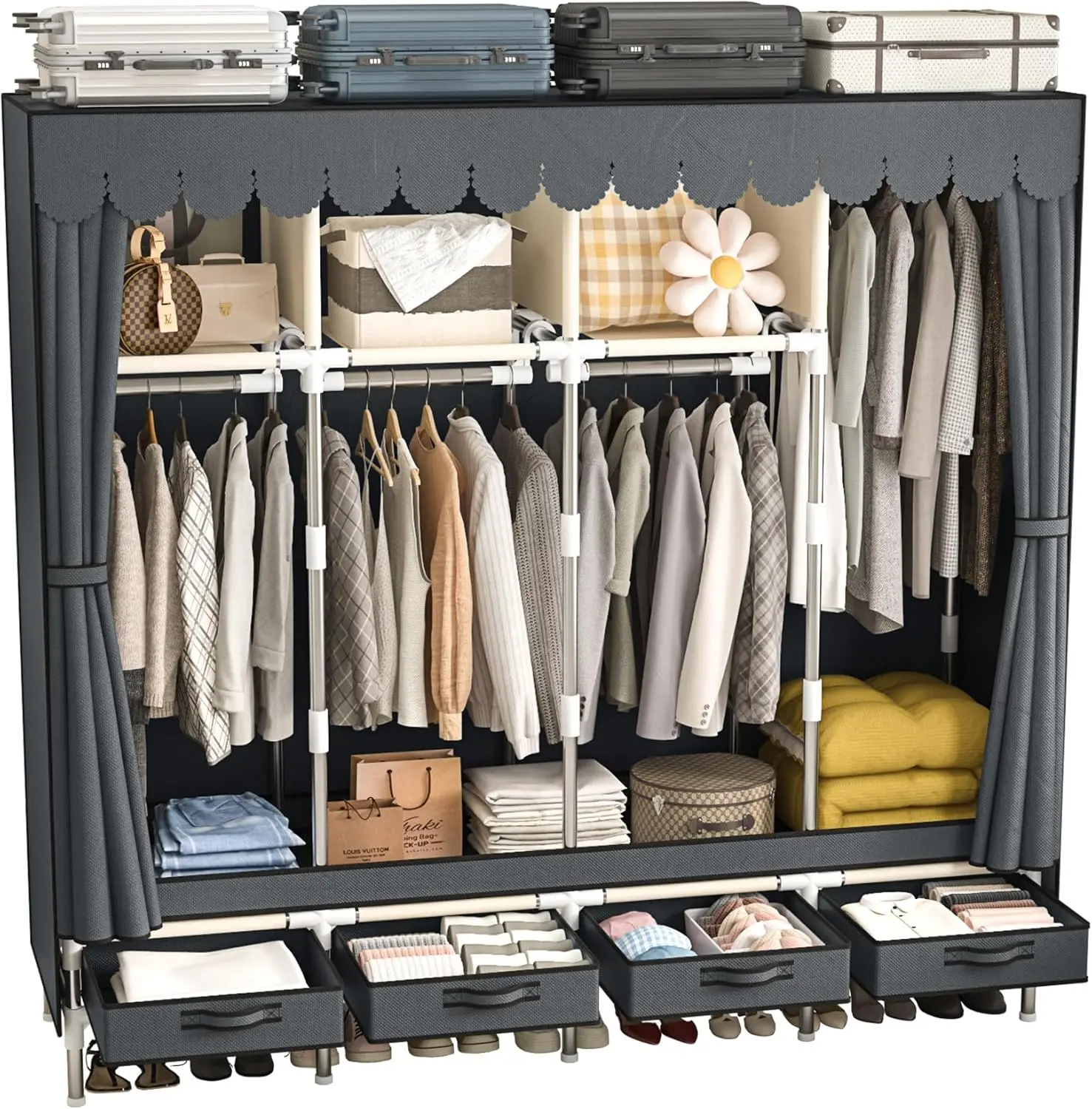 Large Portable Wardrobe with 4 Hanging Rods and Drawers, Armoire, Metal Storage Wardrobe Hangers, Upgraded Grey Non-Woven Dust Cover for  Closet,Large Closets for Bedroom