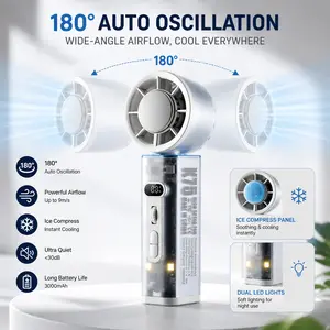 K75 Portable Handheld Turbine Fan, 180° Auto-Oscillation, 15-Hour Battery Life, 100 Speed Settings, 3-in-1 Design, Features an LED Night Light and HD Display—Perfect for Summer Travel, Outdoor Activities, the Beach, Indoor Offices, and Concerts