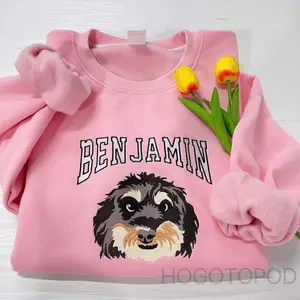 HOGOTOPOD Custom Dog Embroidered Sweatshirt with Name Personalized Dog Face Sweatshirt from Your Photo Varsity Style Gifts for Pet Lover Sadie EST 2025 Medium Menswear Stylish Furry Hoodie Tops Crewneck Tights Wetsuit
