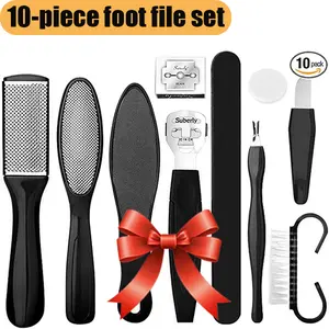 10-piece foot file set, made of stainless steel, a professional foot care tool with a high-end finish, effectively removing calluses from the feet.