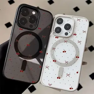 Sweet Cherry & Bow Print MagSafe Phone Case for iPhone 16/15/17/14 12/13/11 Pro Max/Plus/Pro Black/White TPU Edge Shockproof Protection Casing Protective Cover Slim Hard Clear
