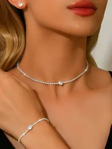 Women's Crystal Earrings Bracelet Necklace Set, Gold Silver Color Water Drill Jewelry for Wedding Party Daily Wear