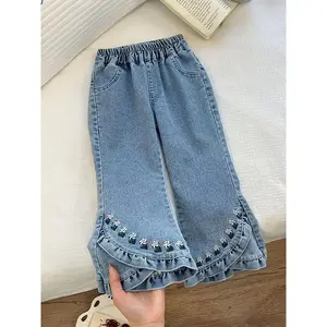 Girls' Spring/Summer Embroidered Washed Flare Pants.Fashionable 3.Comfortable.Soft.Stylish with Slight Stretch.Embroidered.Flared Trousers with Ruffle Hem