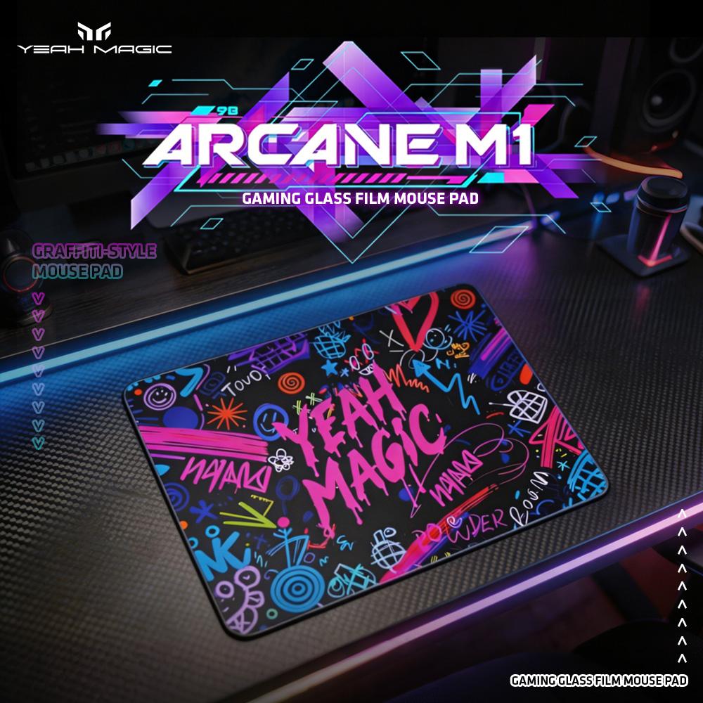 YEAH MAGIC Arcane M1 Micro-Etched Glass Gaming Mouse Pad - Hard Computer Mousepad for PC Gaming Setup, Anti-Slip Base, 12.2×16.14in Bundle with Arm Sleeve, Speed Mouse Skates, Hard Mousepad, Computer Mouse Pad