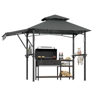 9x5 ft Grill Gazebo with Side Awning, Double-Tier BBQ Canopy with 2 Side Shelves, 4 LED Lights,10 Hooks & Bottle Opener, Heavy-Duty Outdoor Grill Shelter for Patio, Backyard, Garden, Deck,Grey