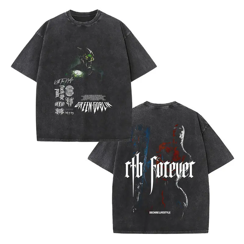 Retro Green Goblin "Goblin Forever" Edition Graphic Double-Sided Vintage Washed T-Shirt, Unisex Oversized Heavyweight Cotton Streetwear Top, Ideal Gift for Spider-Verse Fans & Superhero Villain Collectors