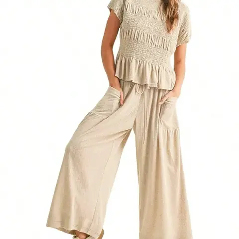 Women's Summer 2-Piece Set Outfit Batwing Top + Wide Leg Pants, Soft Breathable Fabric, High Waist Everyday Casual Loose Fit Baggy with Pockets, Chic, Clothes