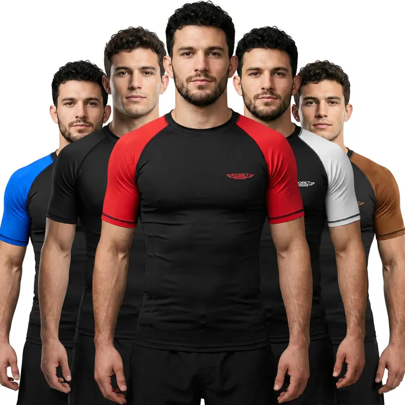 Exxact Sports Men's Sublimated Graphic Graduated Compression Workout Rash Guard - Short-Sleeve Poly-Spandex Activewear, 4-Way Stretch, Wrinkle-Resistant Smooth Fabric, Quick Dry, Anti-Odour, Cool Mesh Vents, IBJJF Legal Training Shirt for BJJ, Gym Workout