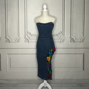 Mexican Embroidered Denim Strapless Dress - Side Slit