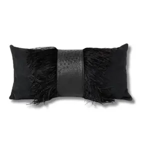 Jolie Ostrich Leather Feather Trim Suede Pillow