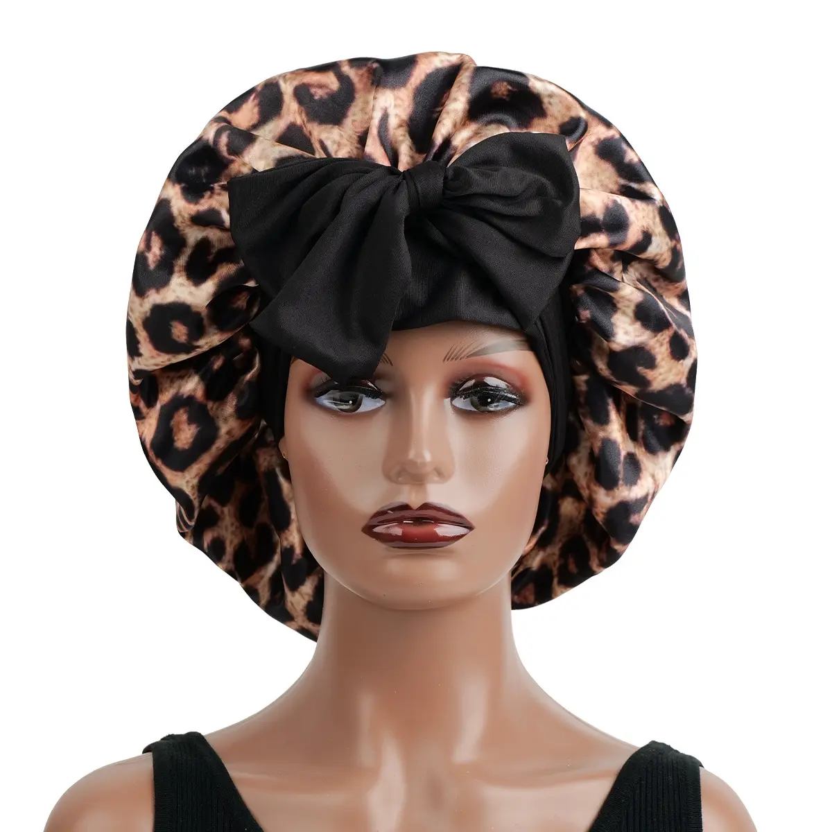Leopard-Print Tie-On Bonnet - Bow Ribbon Long-Strap, Wide-Edge Sleep Cap for Night Time Routine Hair Care & Beauty Skincare