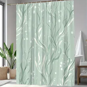 2D Flat 1Pc Water Plant Pattern Shower Curtain Bathtub Partition Hanging Curtain Natural Style Polyester Fabric Bathroom Decoration Includes 12 Hooks 71X 71inch