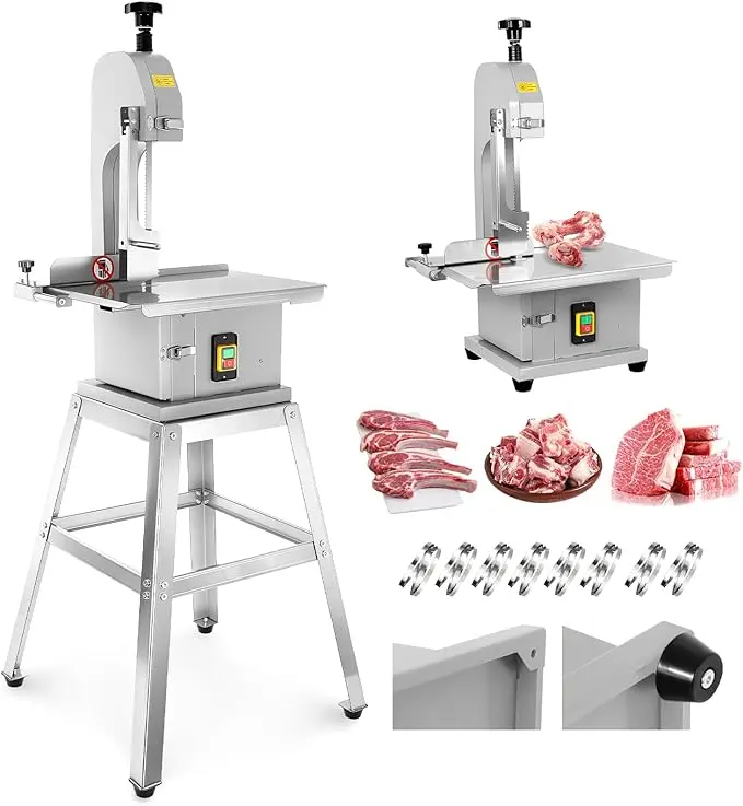 1500W Motor Commercial Stainless Steel Bone Saw Machine with Stand, 8 Blades Set Frozen Meat Bandsaw Cutter, 0.04"-7.8" Adjustable Cutting Thickness, 18.7"x12" Worktable for Bone Cutting, Butchers Shops