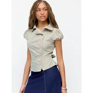 Cider Cotton-blend Plaid Puff Sleeve Ruched Blouse