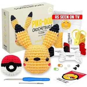 CROCHETBUDS Crochet Kit For Beginners | Pikachu & Ball Pattern | Crochet Kit For Adults, Teens, & Kids w/ Instructions, Easy To Use Yarn Bundle, Hook, Needles | Includes Step-by-Step Video & Written Tutorial