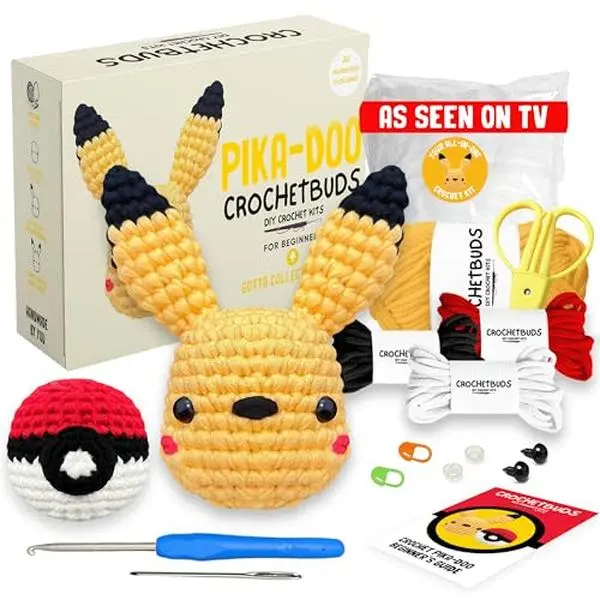 CROCHETBUDS Crochet Kit For Beginners | Pikachu & Ball Pattern | Crochet Kit For Adults, Teens, & Kids w/ Instructions, Easy To Use Yarn Bundle, Hook, Needles | Includes Step-by-Step Video & Written Tutorial