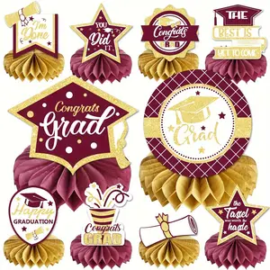 10Pcs Graduation Party Decorations Maroon Red Class of 2026 Congrats Grad Table Centerpiece Congratulate Graduation Honeycomb Table Toppers for Graduation Party Supplies