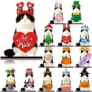 Cute Animals Sign Gift Cat Wooden Sign Desk Decor Golden Retriever Cat Labrador Dachshund Highland Cow Interchangeable Ornaments with Magnet Detachable Hats for Summer Holiday Seasonal Birthday Party, Gift for Pet Owning Families and Animal Lovers