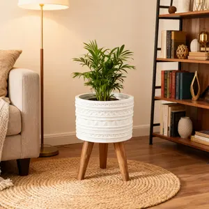 10" Crystal Fiberglass Planter WH with Legs Hand-Crafted Tribal Pattern Light Gray White No Drainage Hole for Indoor Gardens