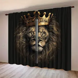 2pcs HD Digital Print Lion King Window Curtain Set, Polyester Material, Semi-Transparent Privacy Protection, Washable, Home Decoration Curtain for Bedroom & Living Room, Home Decorative Curtain