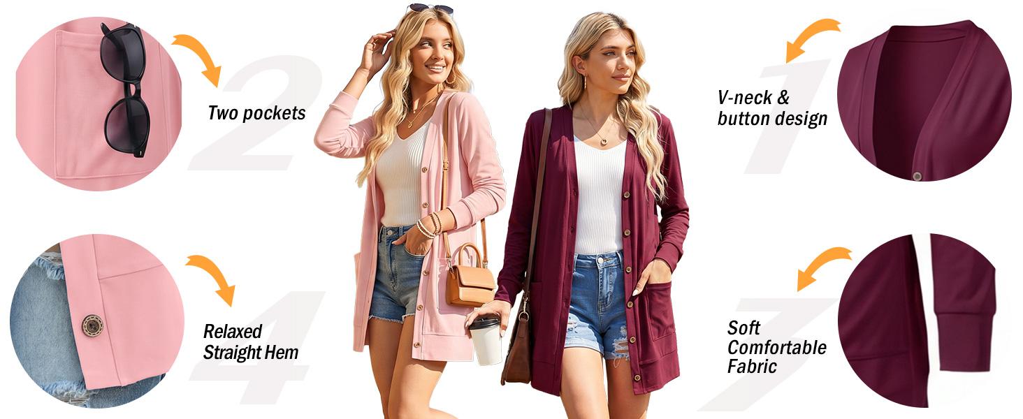 GRECERELLE Womens Lightweight Long Sleeve Cardigan with Pockets | Button Front V Neck Cardigans, Soft Business Casual Trendy Layering Sweater