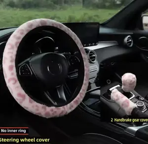 Plush Leopard Steering Wheel Cover Set | 3 Piece Fluffy Faux Fur Car Accessories | Universal Fit Interior