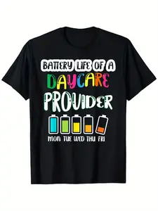 Humorous Daycare Worker T-Shirt - Unisex Crew Neck Style Featuring Battery Life Illustration, Casual Apparel for Educators And Parents, Adorable Short Sleeve Graphic Tee