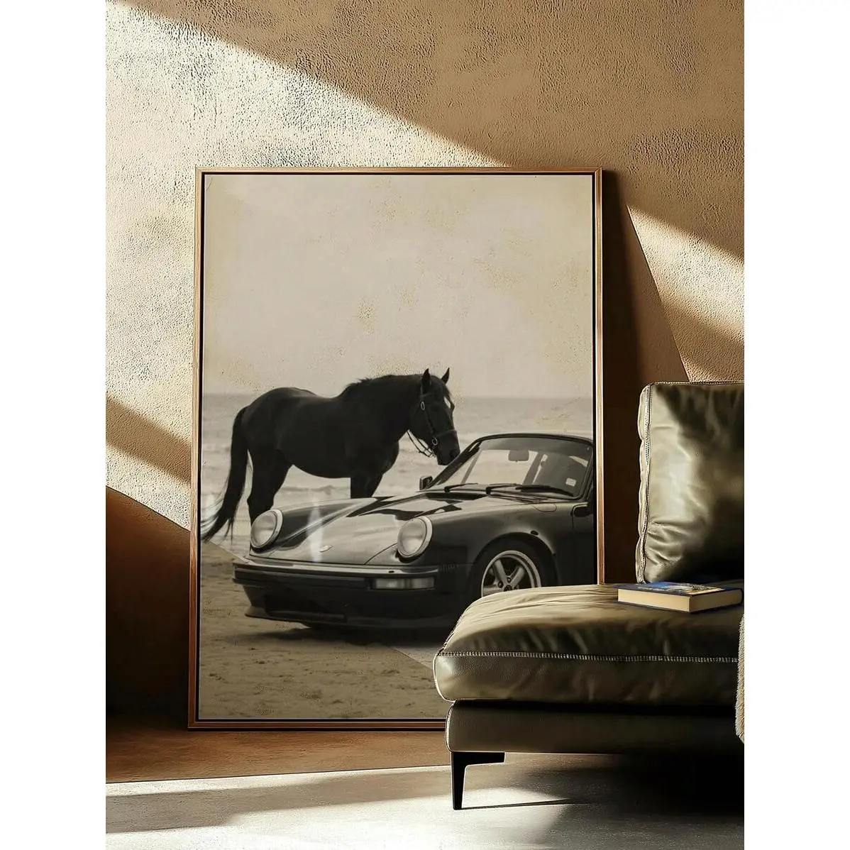 Vintage Horse and Sports Car Canvas Poster, Neutral Wall Art Print, Unframed Canvas Wall Decor, Modern Luxury Room Decor, Aesthetic Home Poster