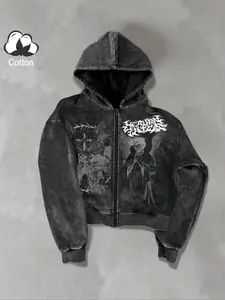 TikTok Trending! Cotton Zip - Up Hoodie with Gothic Text, Angel, Cross, and Eye Graphics, Featuring a Distressed, Edgy Design, Perfect for Achieving a Stylish Streetwear Look（gift）
