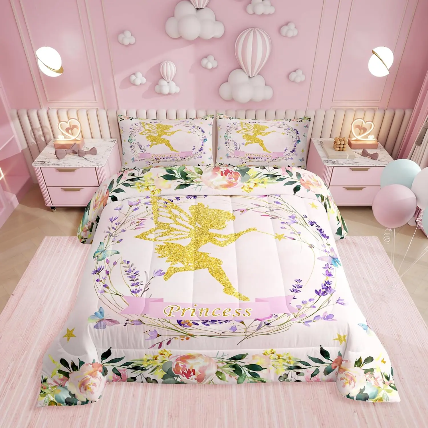 Feelyou Girls' Soft Warm Bedding Set - U-Stitching Cute Butterfly Floral Comforter, Polyester Microfiber, Multi-Size, Machine Washable, Travel-Ready, Blush Pink, Queen Option for Bedroom Camping, Blanket For Daughters, Fairy Garden