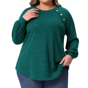 Women's Plus Size Ribbed Knit Button Decoration Crew Neck Long Sleeve Casual Tunic Blouses - Agnes Orinda 2X Green