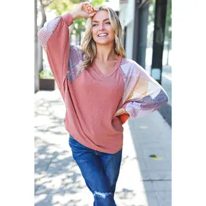 Weekend Ready Rust Argyle Pattern Dolman V Neck Top