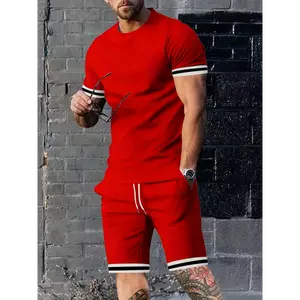 2-piece Men's Chic Striped Summer Outfit Set, Men's Short Sleeve Round Neck T-shirt & Sports Drawstring Shorts With Pockets