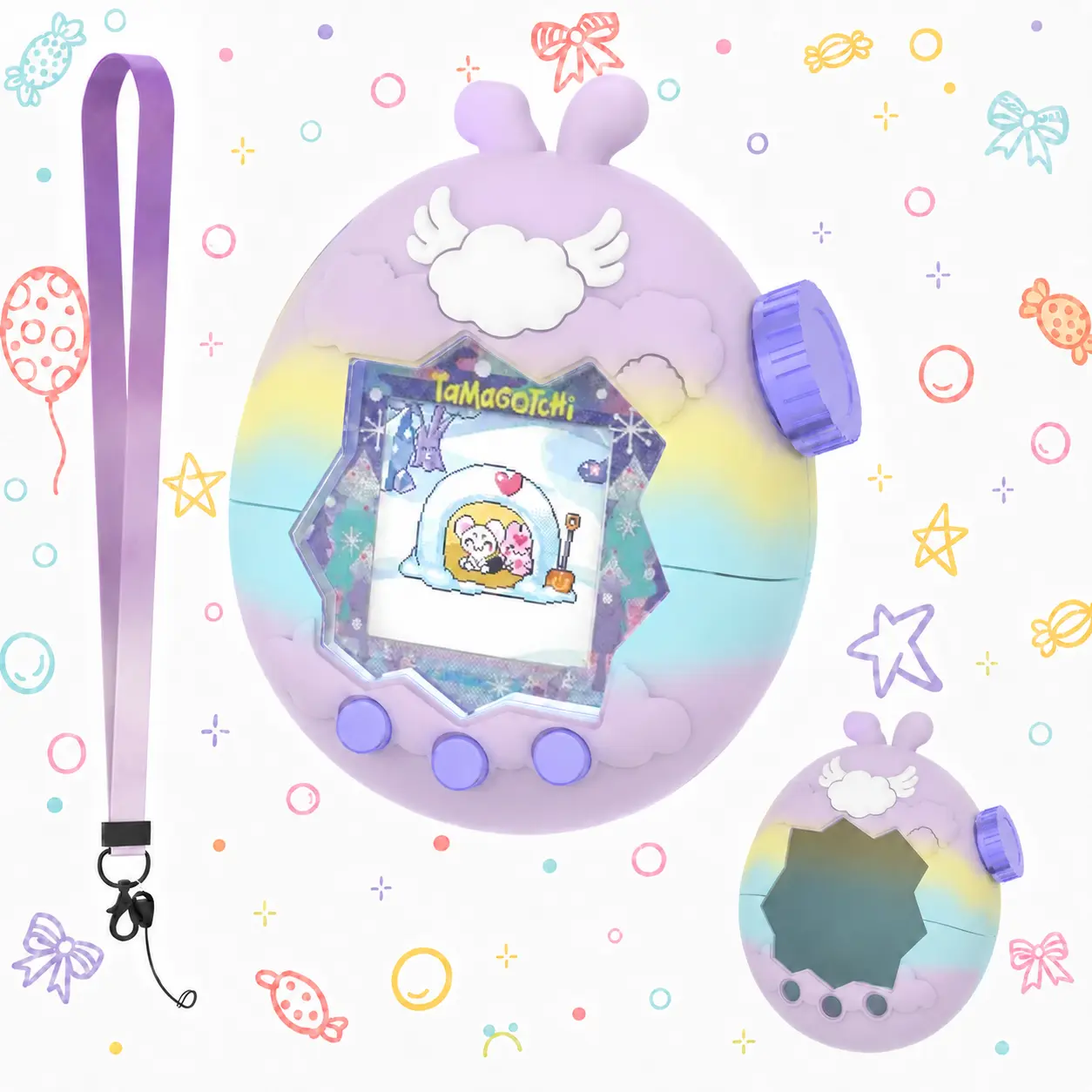 OAJ Bunny Angel Silicone Case for Tamagotchi Paradise Virtual Pet - Shock-Proof, Anti-Scratch, Soft Full-Body Safety Cover with Silky-Smooth Touch, 1 x Matching Braided Purple Ombré Lanyard, Aesthetic 24-Hour Kawaii Gaming Accessory (Device Not Included)