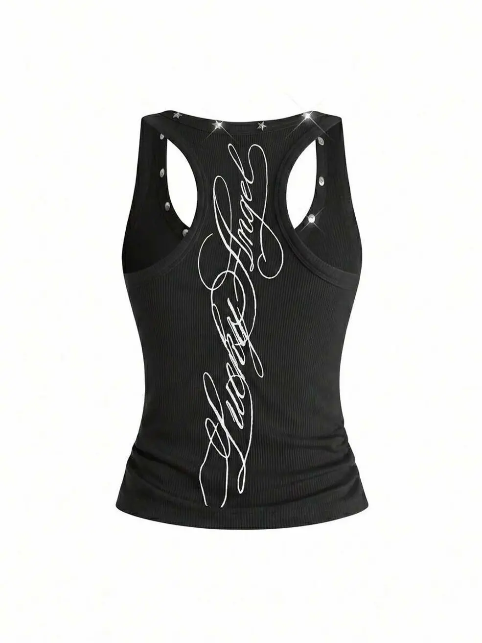 Y2K Retro Star Rivet Tank Top, Embroidered Logo U-Neck Sleeveless Crop Top, Festival Aesthetic Streetwear