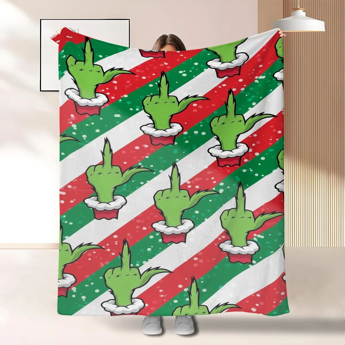Christmas Grinch Funny Hand Gesture Blanket, Coral Fleece Thick Cover Blanket, Autumn Winter Sofa Warm Holiday Blanket, Flannel Cozy Blanket